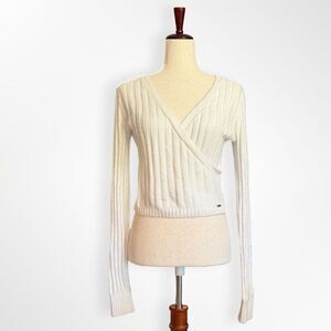Hollister Co Faux Wrap Cropped Ribbed White Long Sleeve Sweater, S Balletcore
